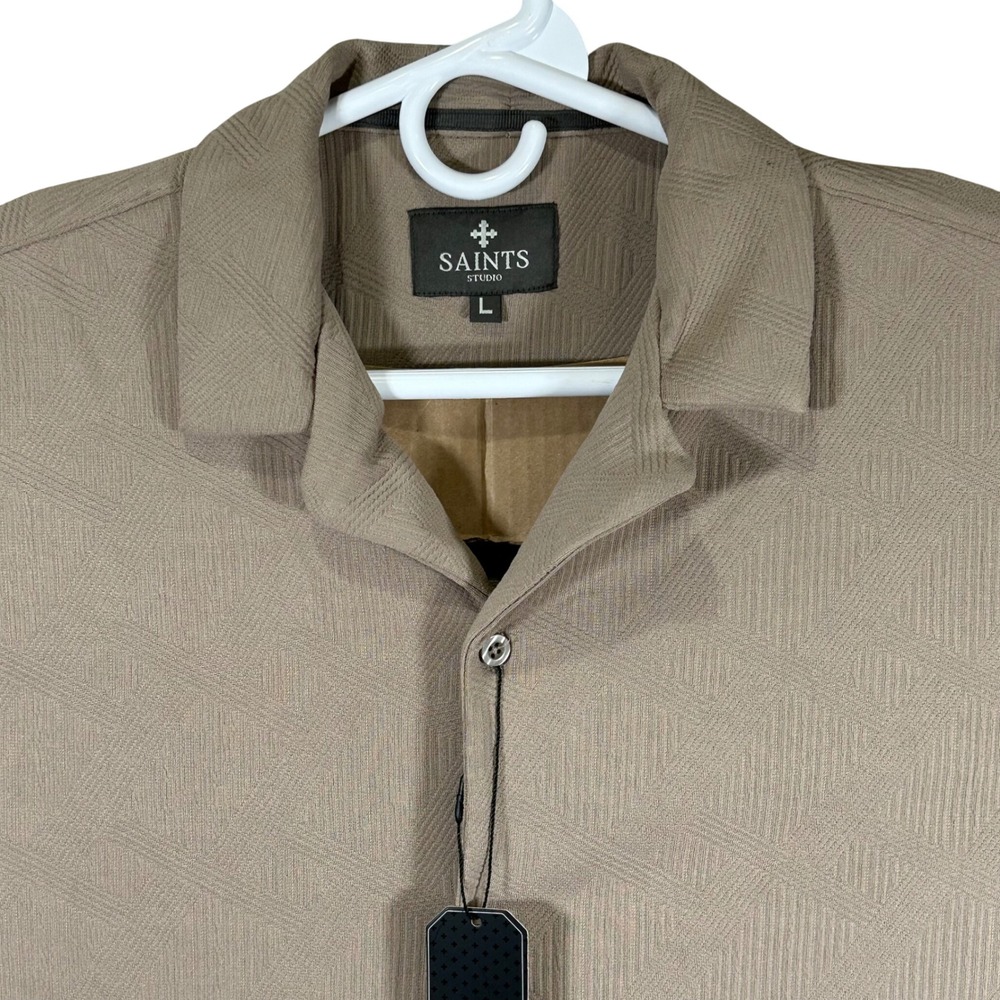 Saints Studio Mens Desert Taupe Textured Geometric Short Sleeve Shirt Large NEW